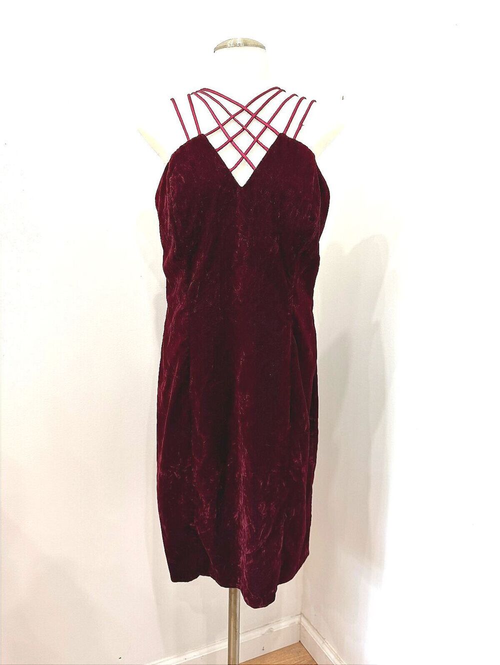 Vintage 80s Burgundy Velvet Dress with Crisscross Straps Mini Glamour mob wife